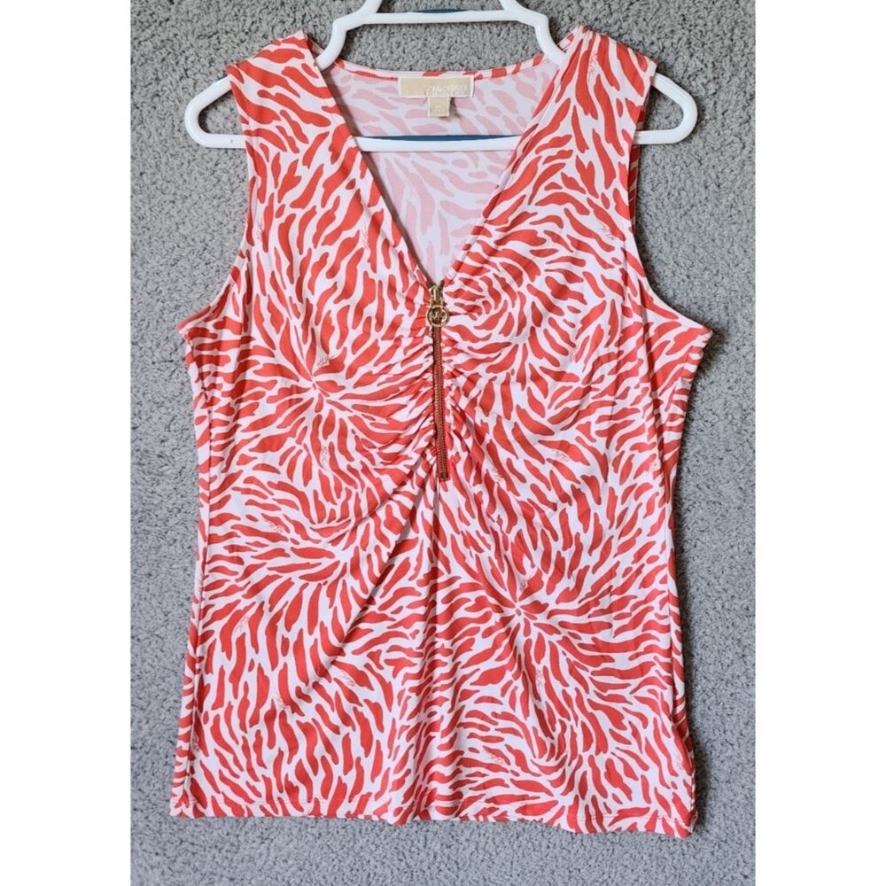 Michael Kors Women's Sleeveless Zipper V-Neck Blouse Top Pink Printed Stretch XL